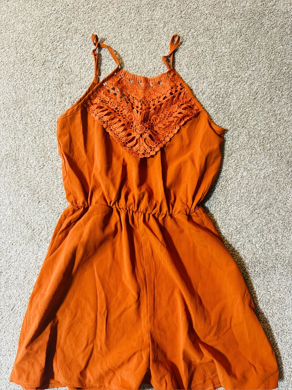 SHEIN Orange Crochet Yoke Romper
